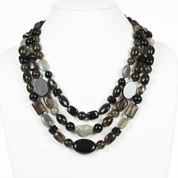 Smoky Quartz Black Onyx and Labradorite Bead Necklace